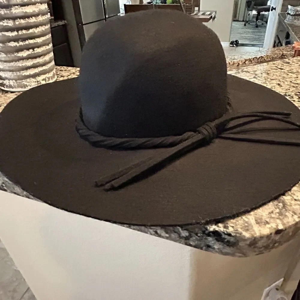 100% Wool Black Felt Medium Brim Fedora Bohemian Hat One Size Trim Festival Shlf
